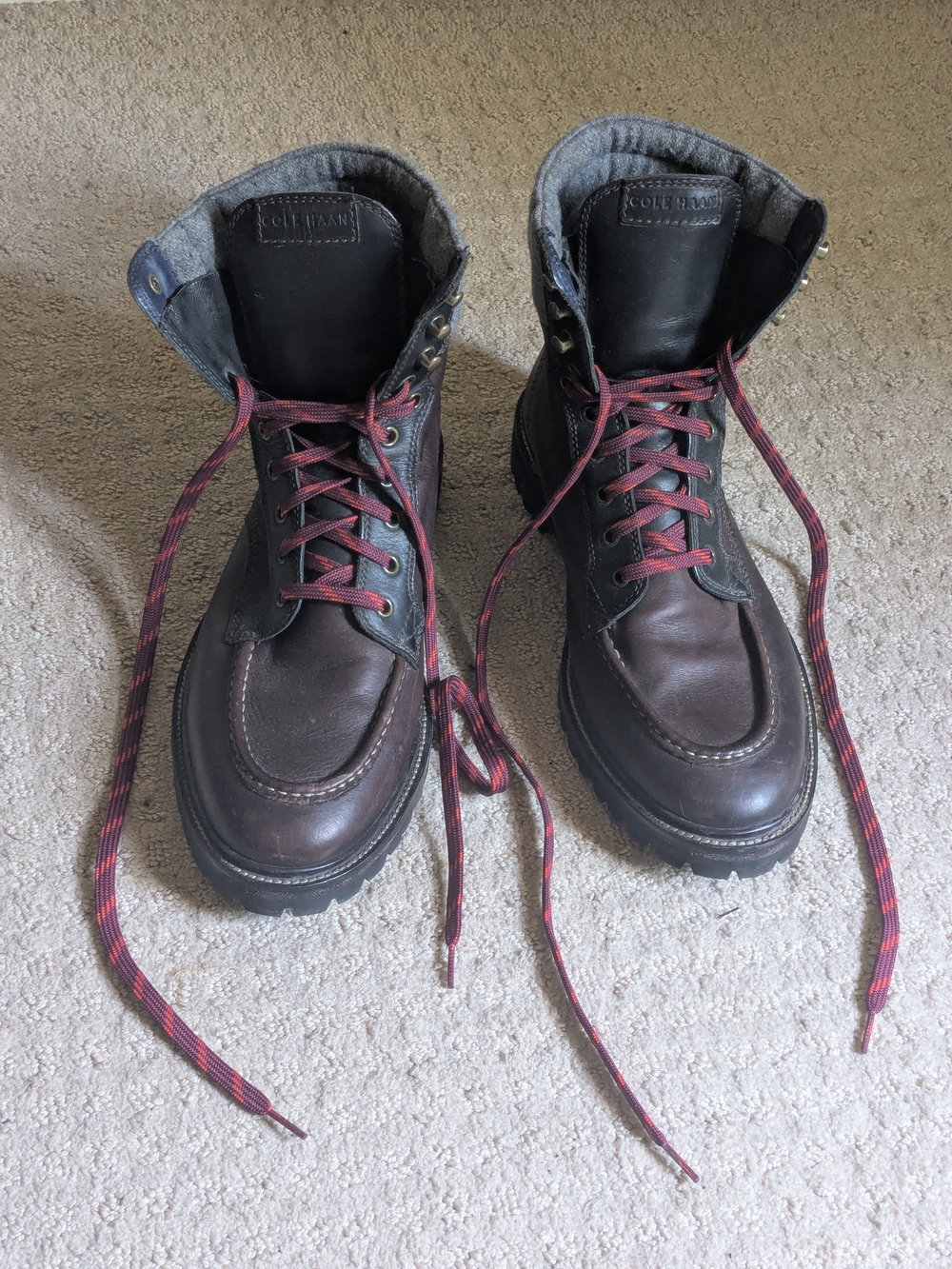 Cole Haan Dark Brown Leather Moc Toe Boots with Red Accent Laces